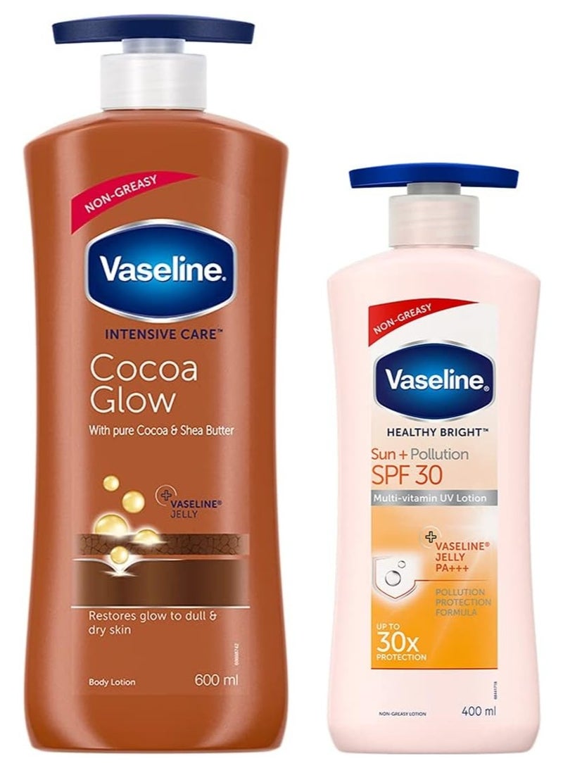 Vaseline Intensive Care 24 hr nourishing Cocoa Glow Body Lotion with Cocoa And Shea Butter- 600 ml & Vaseline Healthy Bright Sun Protection Body Lotion SPF 30 400 ml - Image 1